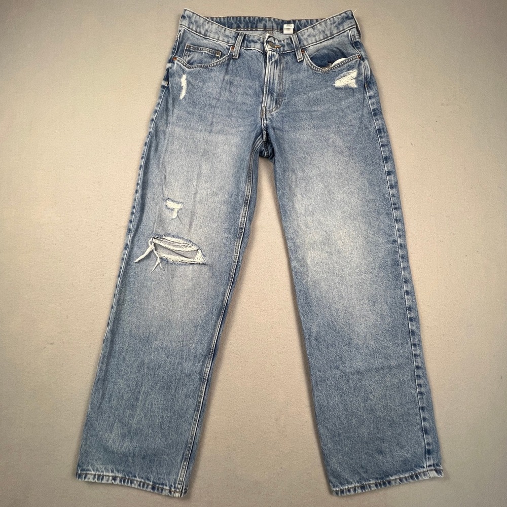 H&M &Denim Baggy Jeans Womens 8 Blue Distressed Low Waist Relaxed Y2K Streetwear
